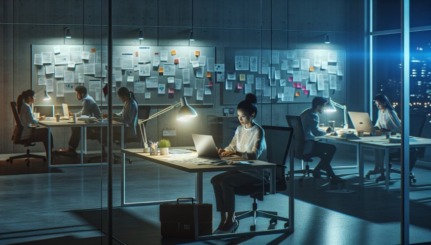 Take a photo of an entrepreneur working late in a start up office 10