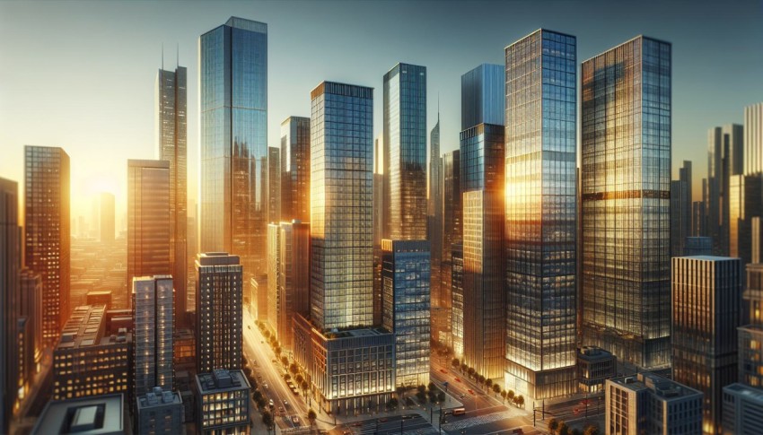 Snapshot of a financial district with modern skyscrapers at sunset 2