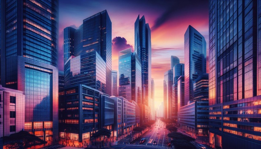 Snapshot of a financial district with modern skyscrapers at sunset 3