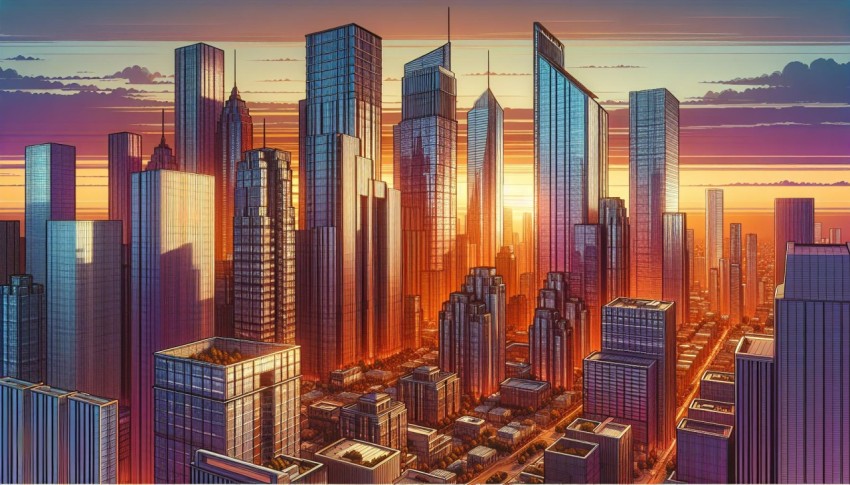 Snapshot of a financial district with modern skyscrapers at sunset 4