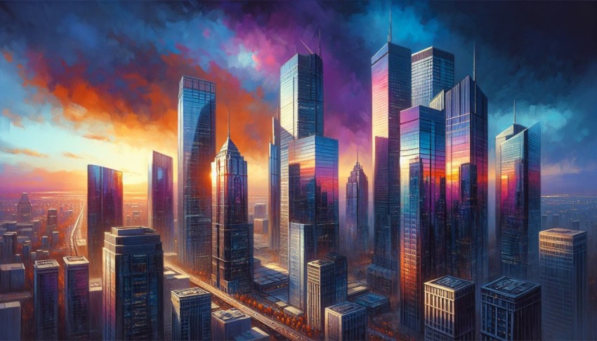 Snapshot of a financial district with modern skyscrapers at sunset 5