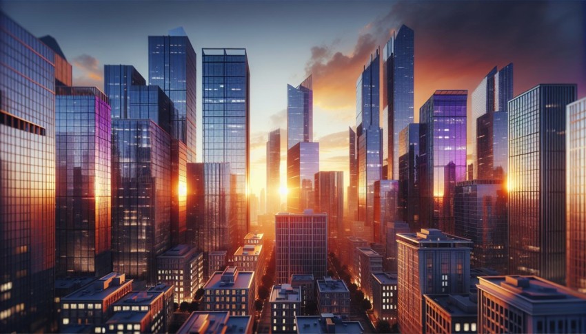 Snapshot of a financial district with modern skyscrapers at sunset 7