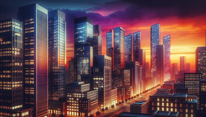 Snapshot of a financial district with modern skyscrapers at sunset 8