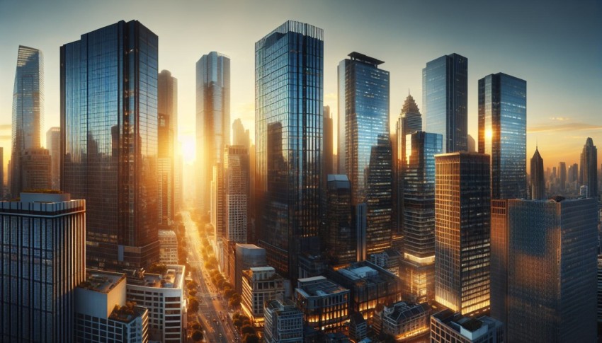 Snapshot of a financial district with modern skyscrapers at sunset 9