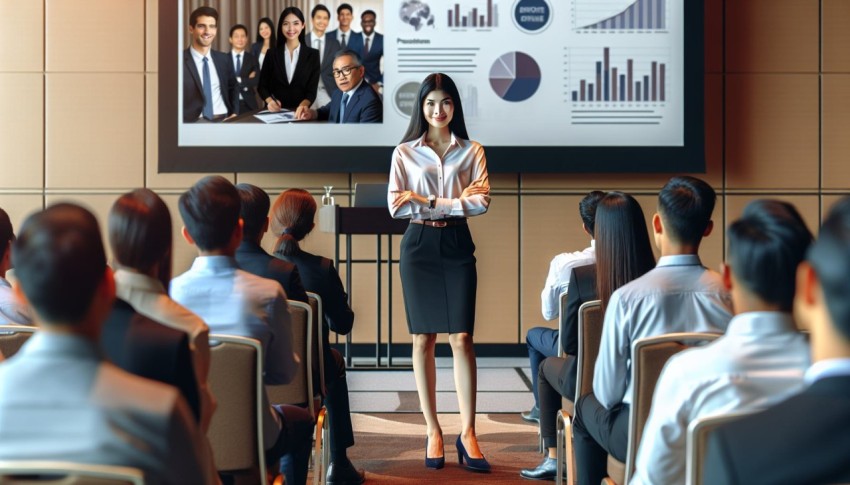 Photograph someone giving a presentation at a business conference 4