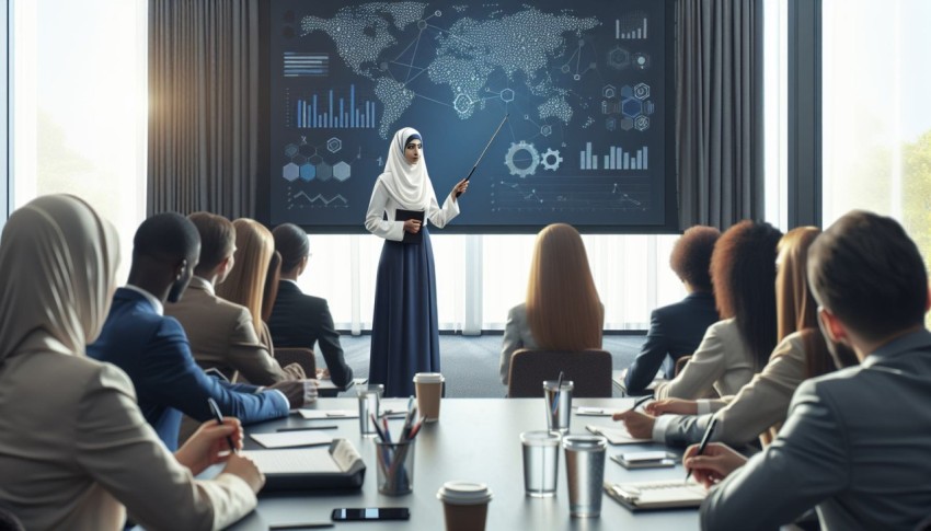 Photograph someone giving a presentation at a business conference 8