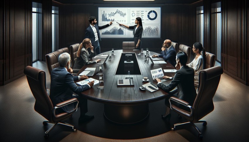 Take a picture of an intense negotiation happening in a boardroom 1