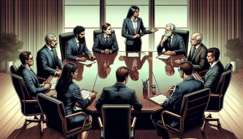 Take a picture of an intense negotiation happening in a boardroom 2