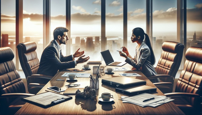 Take a picture of an intense negotiation happening in a boardroom 3