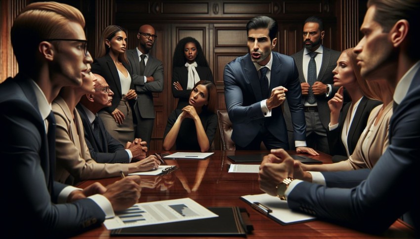 Take a picture of an intense negotiation happening in a boardroom 6