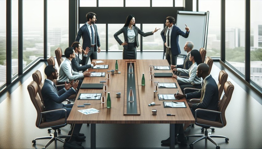 Take a picture of an intense negotiation happening in a boardroom 7