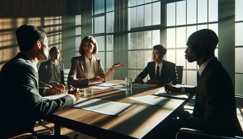 Take a picture of an intense negotiation happening in a boardroom 8