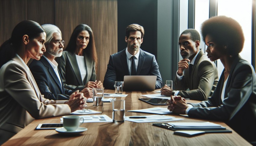 Take a picture of an intense negotiation happening in a boardroom 9