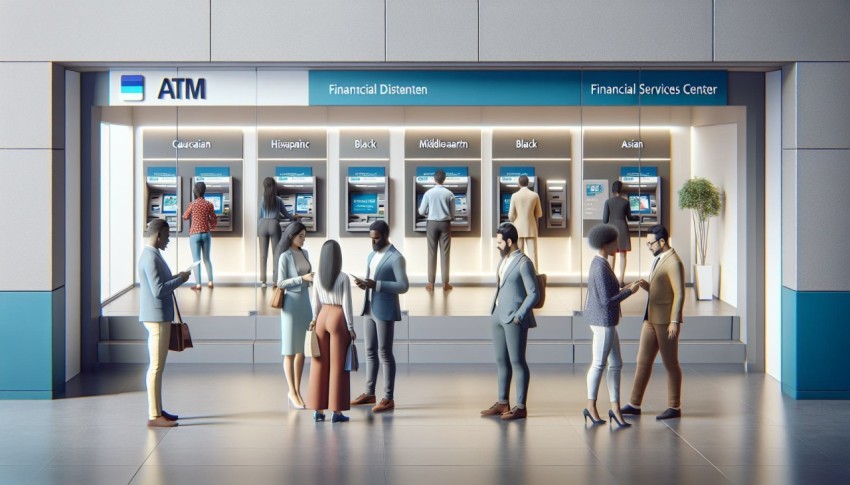 Take a photo of people using ATMs in a financial services center 2