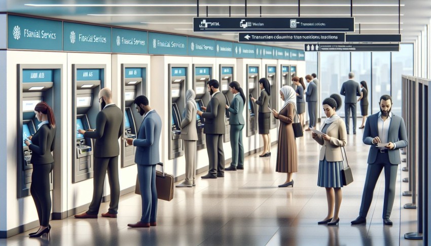 Take a photo of people using ATMs in a financial services center 3