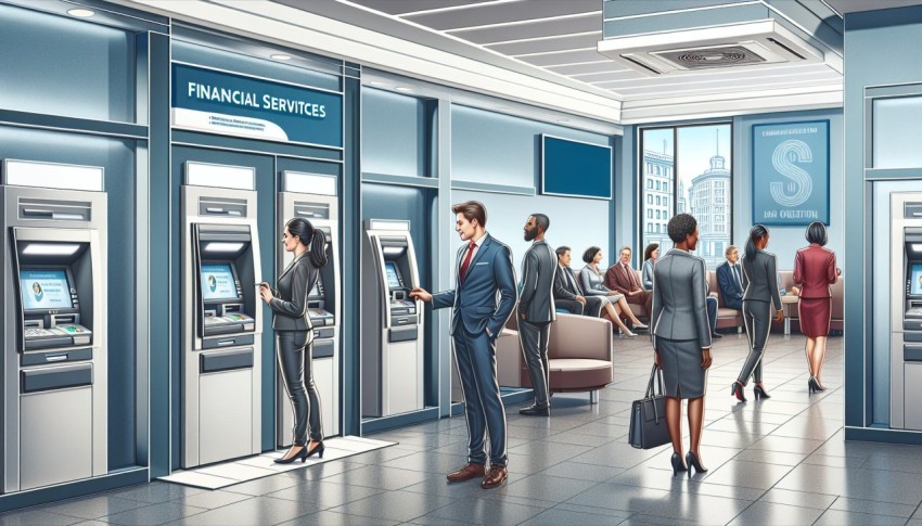 Take a photo of people using ATMs in a financial services center 5