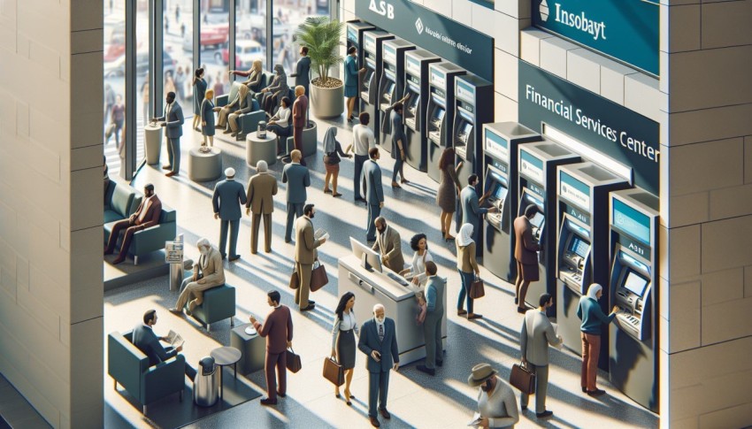 Take a photo of people using ATMs in a financial services center 6