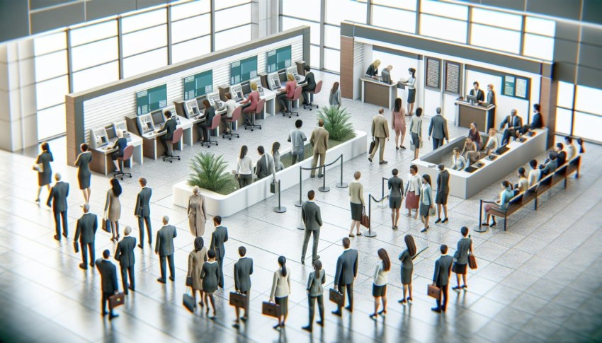 Take a photo of people using ATMs in a financial services center 10