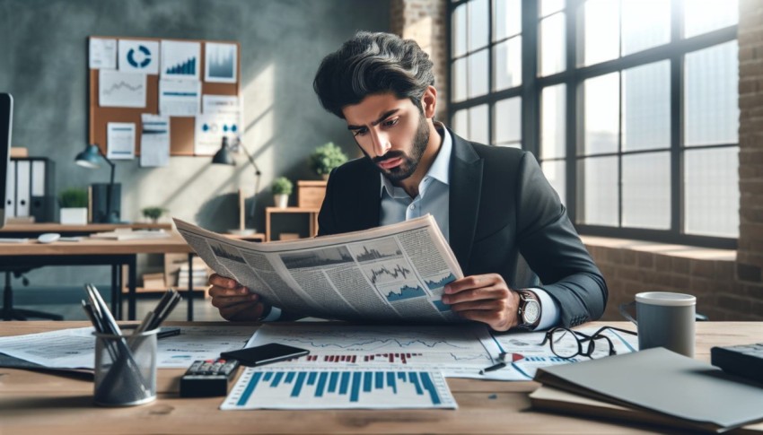 Photograph an investor reading the finance section of a newspaper 5