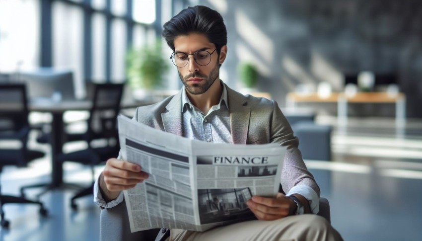 Photograph an investor reading the finance section of a newspaper 7