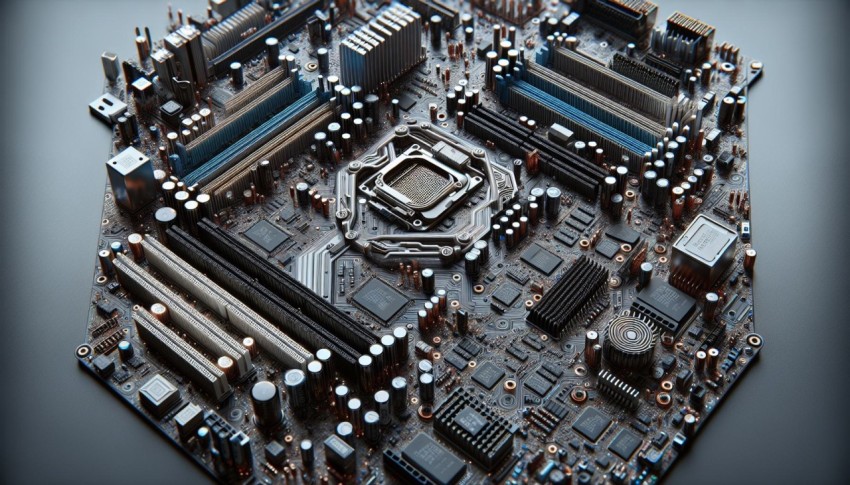 Capture the intricate circuitry of a computer motherboard 9