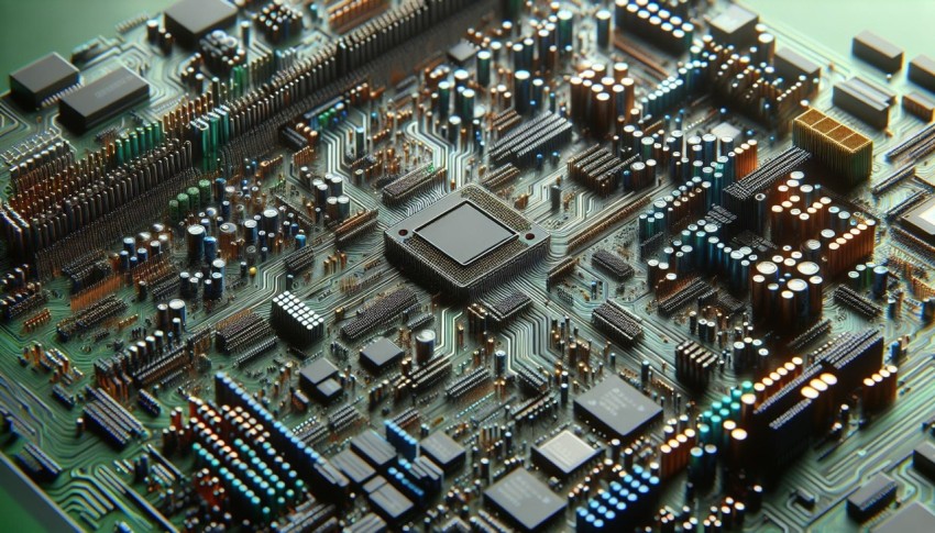 Capture the intricate circuitry of a computer motherboard 8