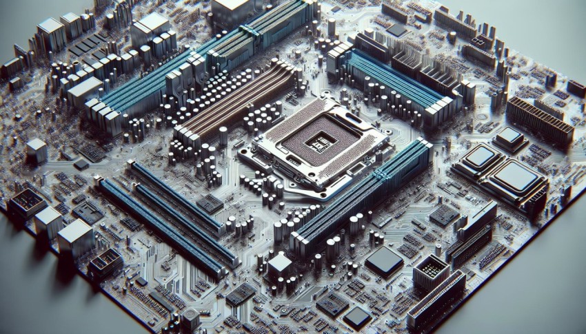 Capture the intricate circuitry of a computer motherboard 7