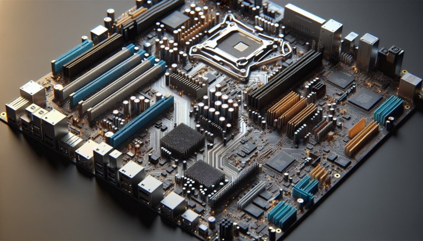 Capture the intricate circuitry of a computer motherboard 6