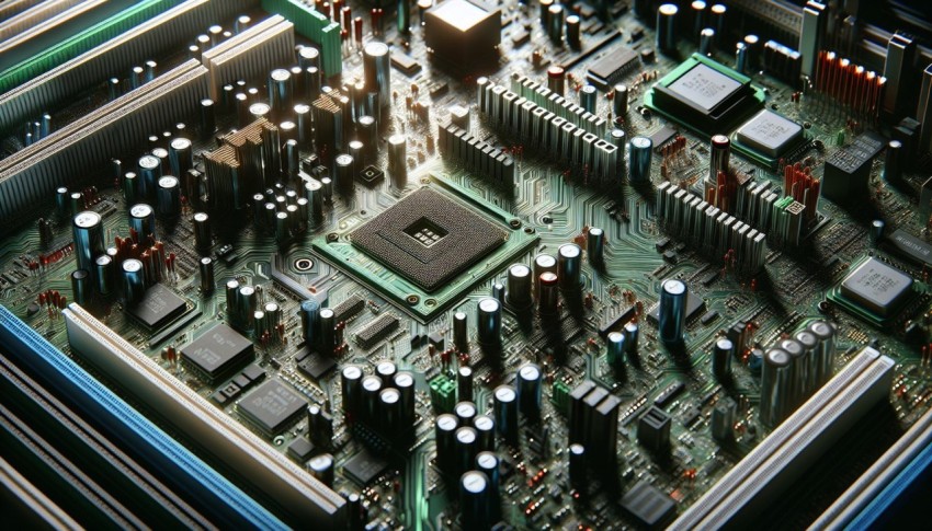 Capture the intricate circuitry of a computer motherboard 1