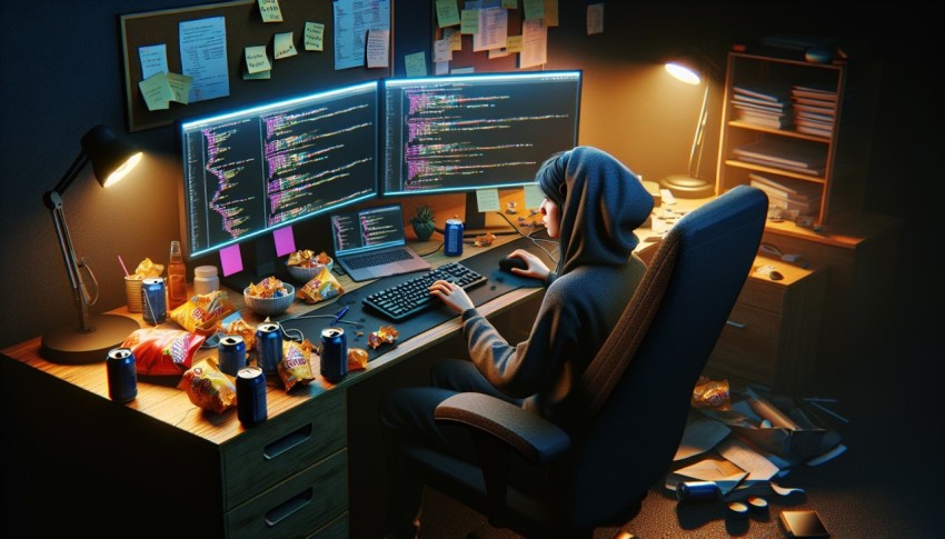 Photograph a programmer's workspace during a coding marathon 7