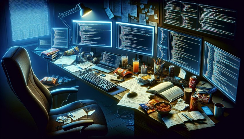 Photograph a programmer's workspace during a coding marathon 3