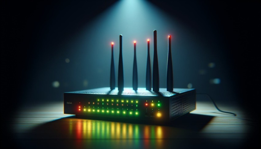 Zoom in on the glowing LED lights of a network router in a dark room 8