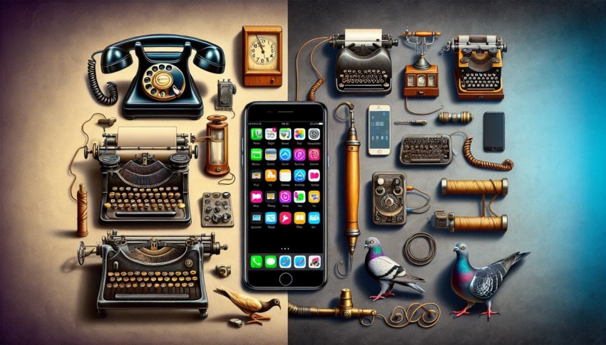 Show the contrast between vintage communication devices and modern smartphones 7