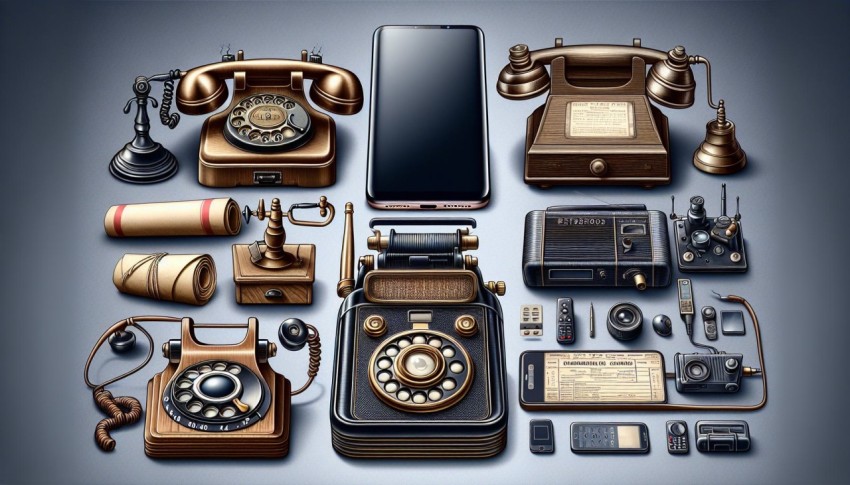 Show the contrast between vintage communication devices and modern smartphones 6