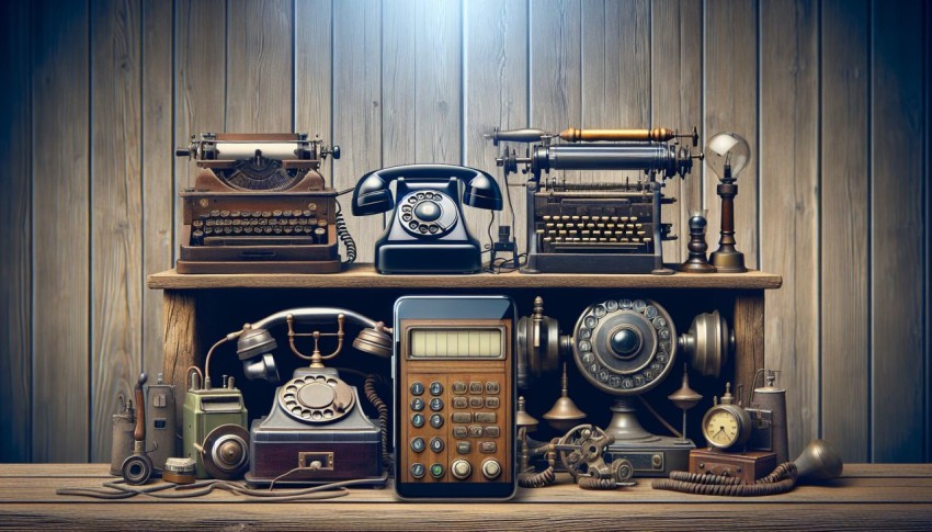 Show the contrast between vintage communication devices and modern smartphones 4