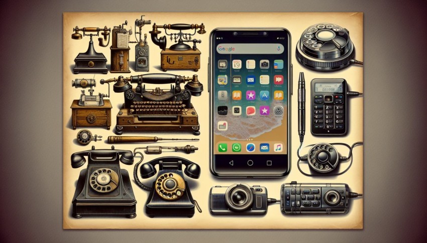 Show the contrast between vintage communication devices and modern smartphones 1