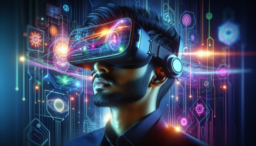 Capture a person wearing virtual reality goggles immersed in a digital world 3