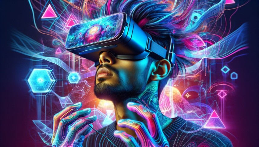 Capture a person wearing virtual reality goggles immersed in a digital world 2