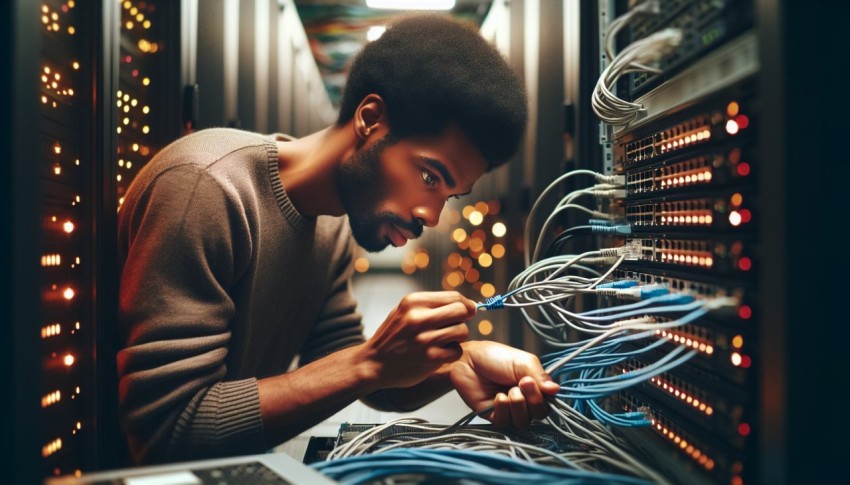 Freeze the moment of an IT professional plugging in an ethernet cable 1