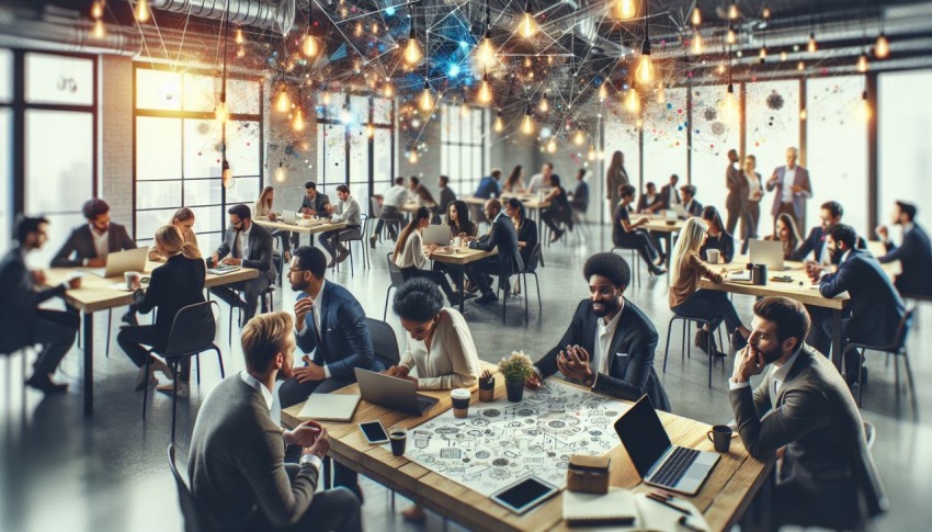 Take a photograph of a crowded co working space with entrepreneurs collaborating 9