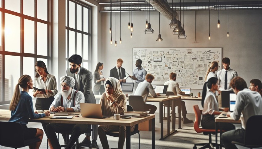 Take a photograph of a crowded co working space with entrepreneurs collaborating 8