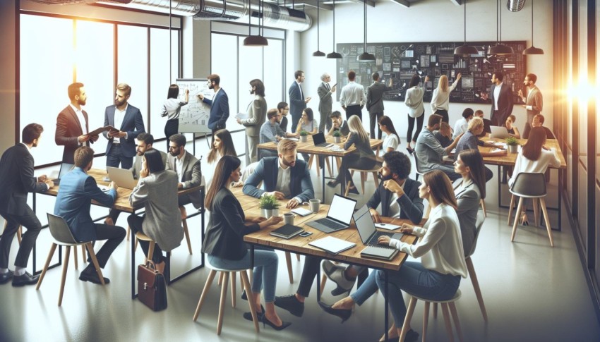 Take a photograph of a crowded co working space with entrepreneurs collaborating 3