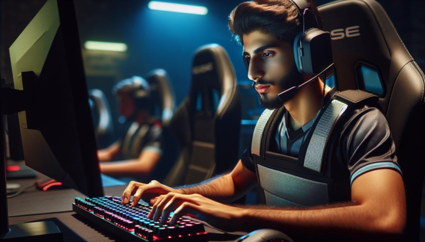 Capture an e sports athlete in intense concentration during a competition 8