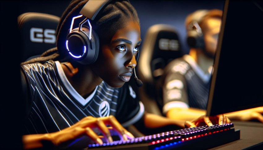 Capture an e sports athlete in intense concentration during a competition 1