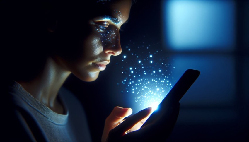 Photograph the glow of a smartphone screen illuminating someone's face in the dark 10