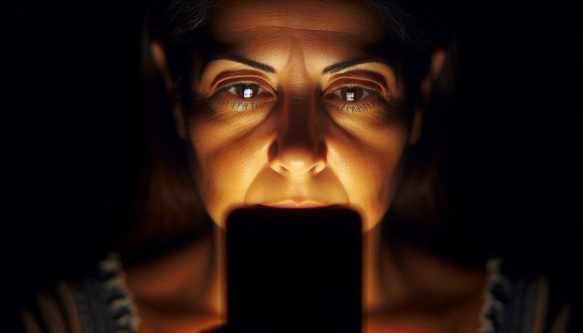 Photograph the glow of a smartphone screen illuminating someone's face in the dark 8