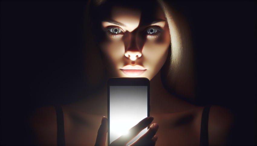 Photograph the glow of a smartphone screen illuminating someone's face in the dark 4