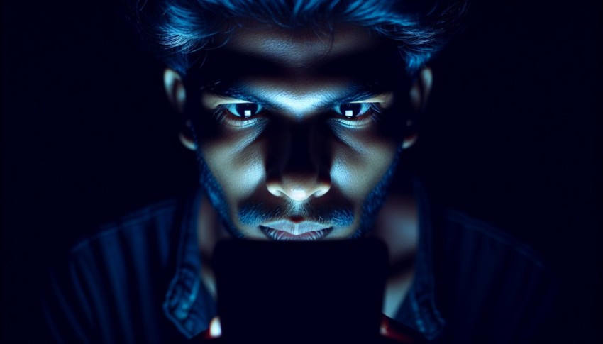 Photograph the glow of a smartphone screen illuminating someone's face in the dark 3