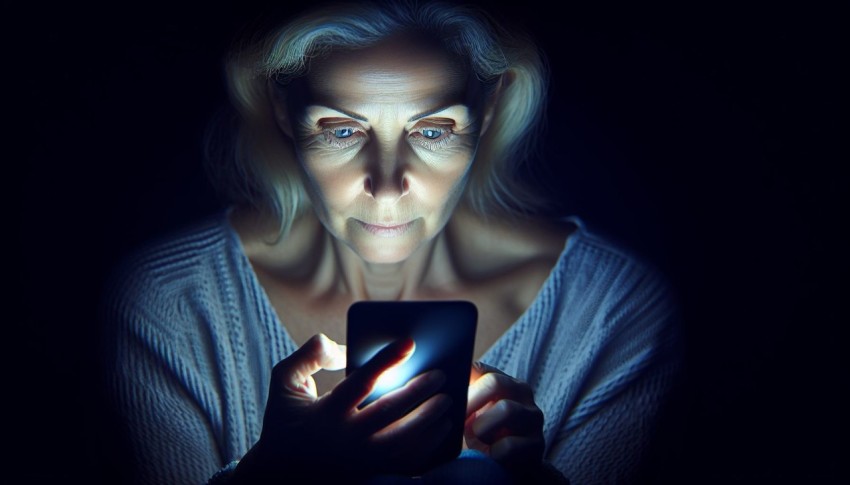 Photograph the glow of a smartphone screen illuminating someone's face in the dark 2