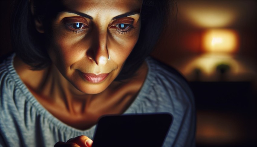 Photograph the glow of a smartphone screen illuminating someone's face in the dark 1